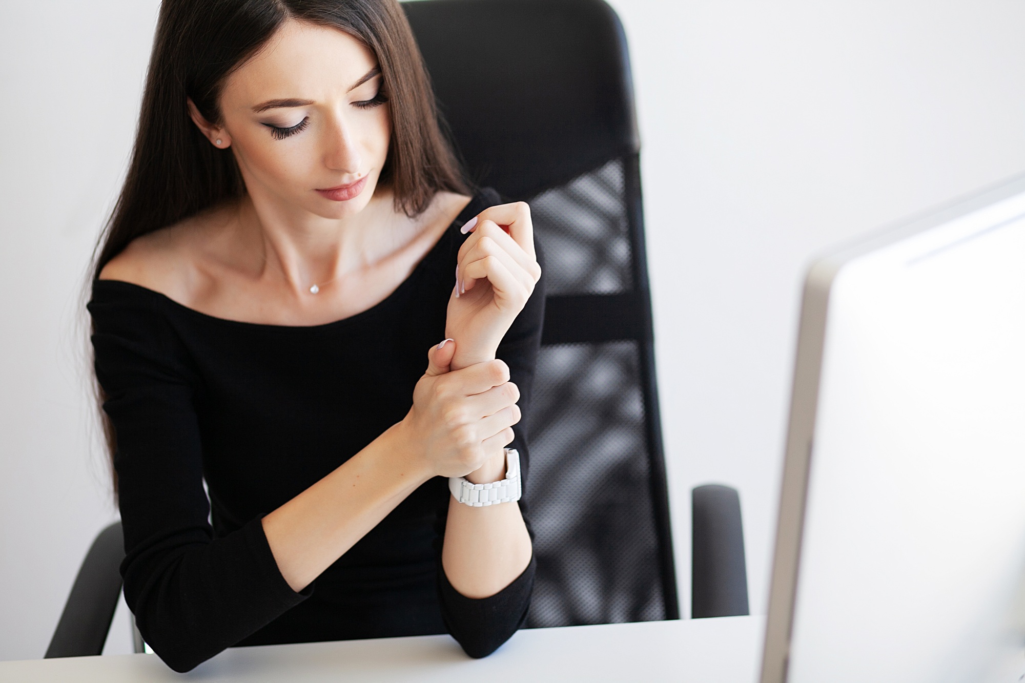Heart pain. Health healthcare care concep. Closeup on business woman with wrist pain