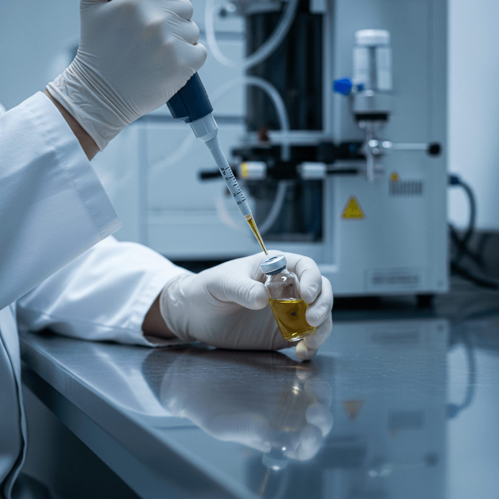 Technicien en laboratoire COFRAC manipulant échantillon CBD avec pipette de précision pour analyse chromatographique