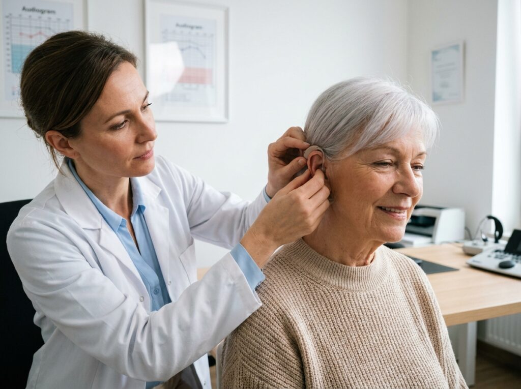 Audiologiste belge ajustant une prothèse auditive sur une patiente âgée dans une clinique moderne