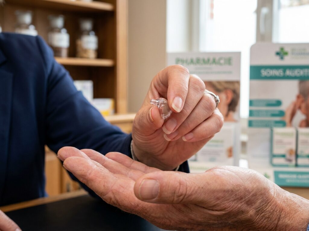 Gros plan sur une audioprothésiste remettant un appareil auditif discret à un patient en Belgique