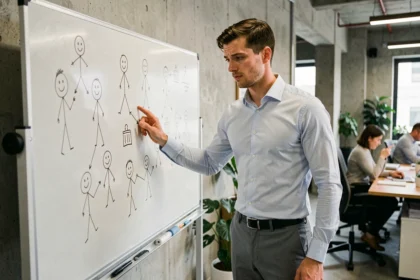 Homme en chemise devant un tableau blanc avec des bonhommes allumettes, illustrant une erreur de communication visuelle en milieu professionnel