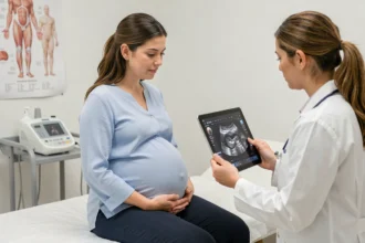 Femme enceinte en consultation prénatale avec sa gynécologue dans une clinique moderne, examinant une échographie sur tablette