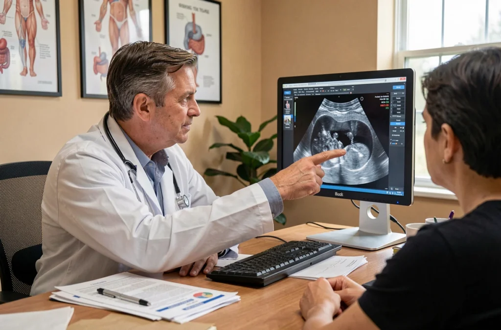 Gastro-entérologue expliquant les résultats d'une échographie abdominale à un patient lors d'une consultation médicale