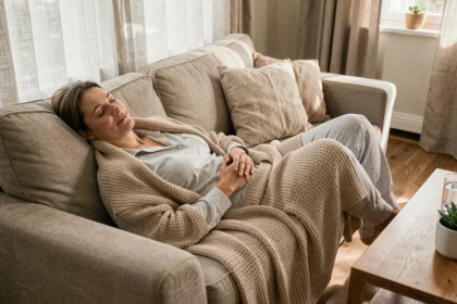 Femme en convalescence allongée sur son canapé après une opération gynécologique, enveloppée dans une couverture douce