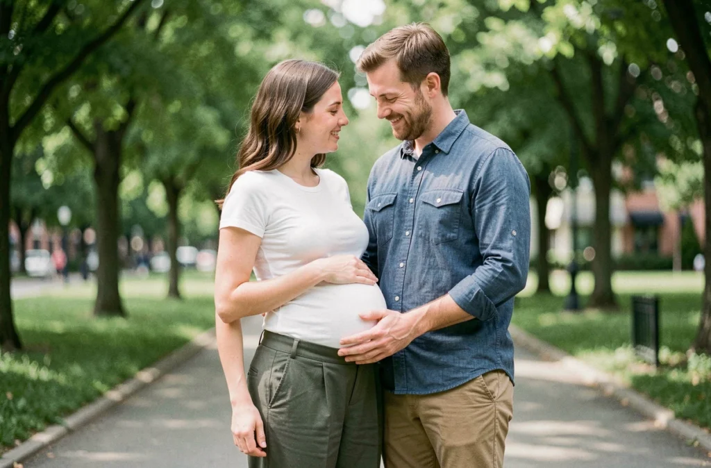 Couple attendant un bébé dans un parc, la femme enceinte de sept mois montrant son ventre, illustrant la croissance et la prise de poids au cours de la grossesse