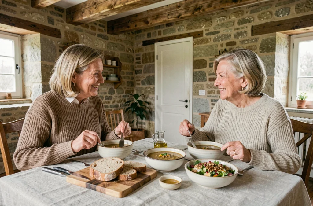 Deux femmes seniors partageant un repas nutritif et convivial autour d'une table rustique en pierre, mettant en valeur une alimentation équilibrée