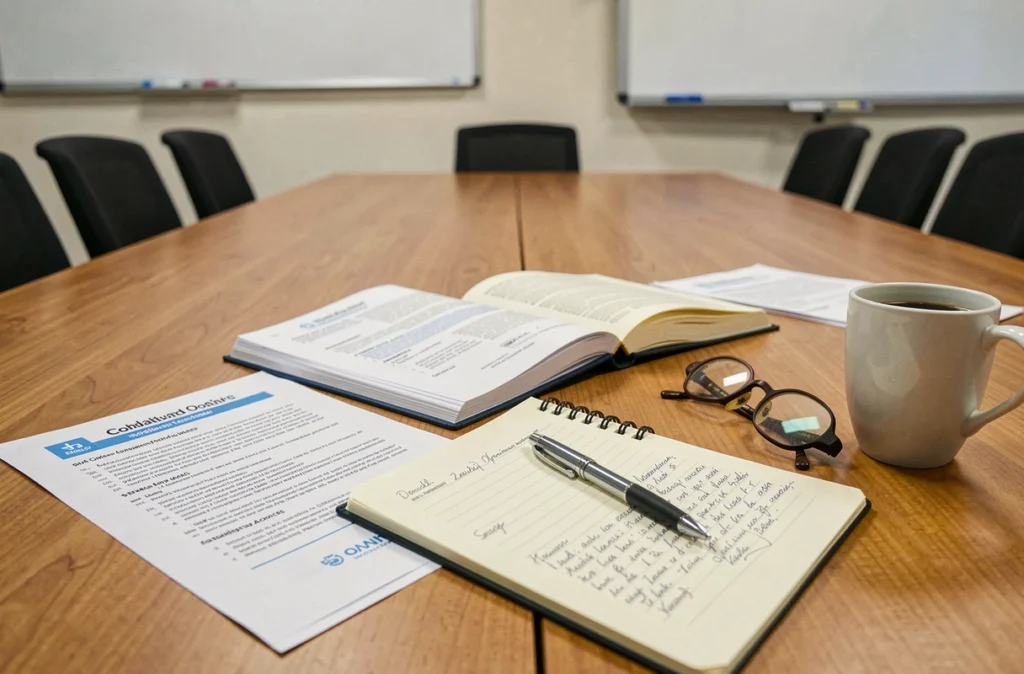 Documents réglementaires et notes manuscrites sur la loi Rist posés sur une table de réunion médicale