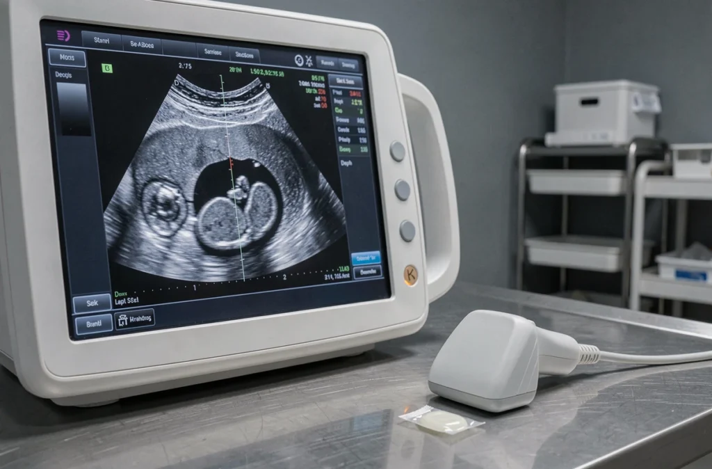 Écran d'échographe affichant une sonographie abdominale avec annotations médicales dans une salle de radiologie moderne