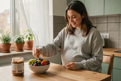 Femme enceinte assise dans une cuisine moderne, tendant la main vers un bol de fruits et du beurre de cacahuète, illustrant les envies alimentaires liées aux changements hormonaux pendant la grossesse