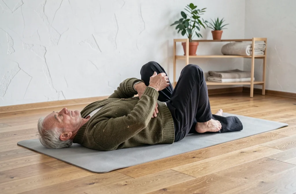 Homme senior faisant des étirements doux sur un tapis de yoga pour soulager la douleur sciatique à la maison