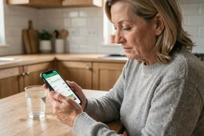 Femme de 50 ans consultant l'application diabète 123santemag sur son smartphone dans une cuisine moderne