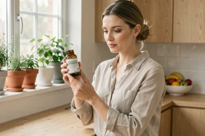 Femme examinant un complément alimentaire naturel comme alternative aux coupe-faim chimiques dans une cuisine moderne