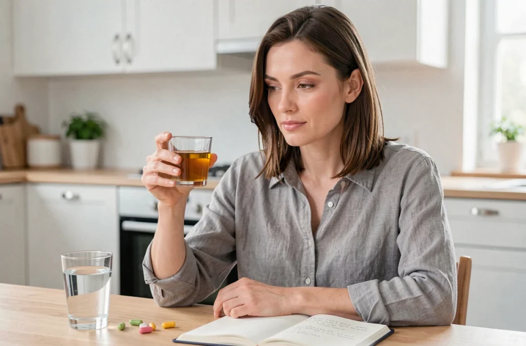 Femme tenant un verre d'huile de foie de morue dans une cuisine scandinave, illustrant la prise quotidienne d'un complément alimentaire naturel