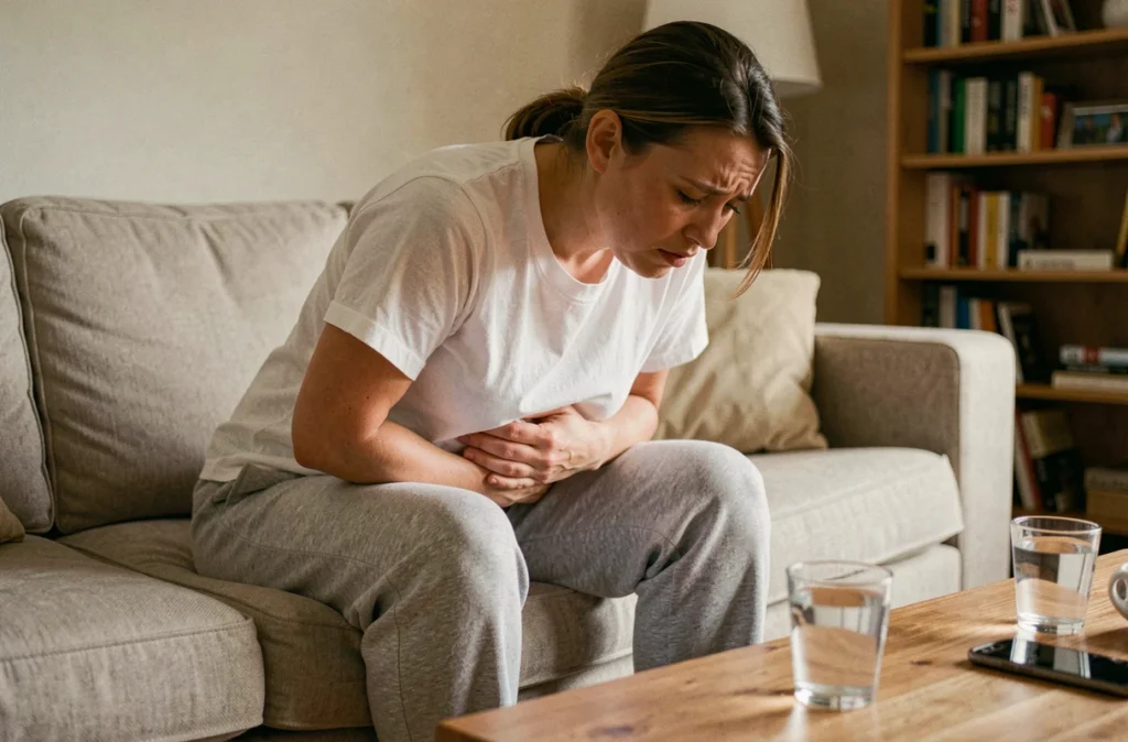Femme souffrant de douleurs abdominales à domicile pouvant indiquer un kyste ovarien nécessitant une consultation urgente