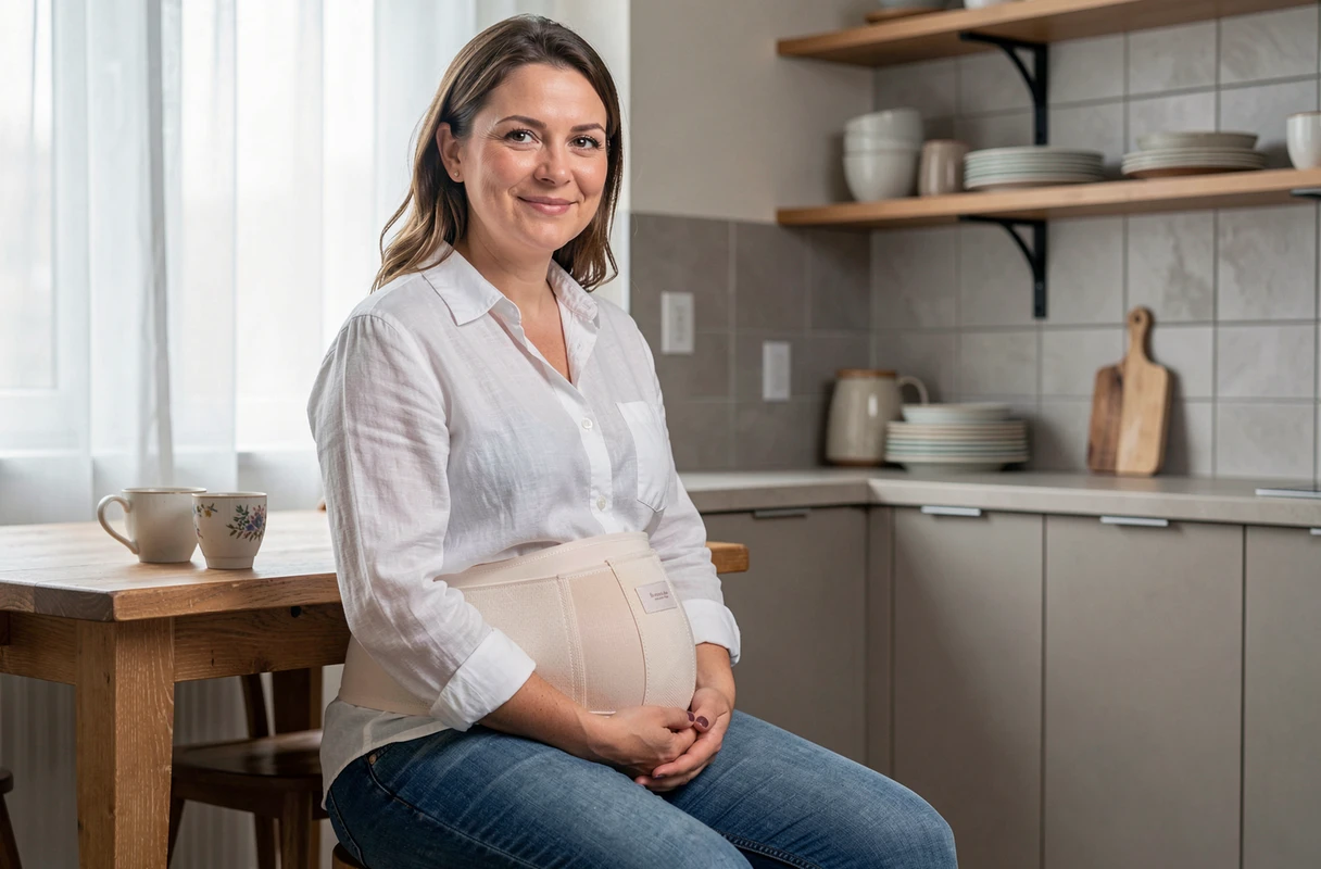 Femme enceinte portant une ceinture de soutien et un jean de maternité assise confortablement dans une cuisine moderne