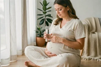 Femme enceinte tenant un verre d'eau assise sur un plancher en bois dans un intérieur minimaliste et chaleureux