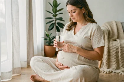 Femme enceinte tenant un verre d'eau assise sur un plancher en bois dans un intérieur minimaliste et chaleureux