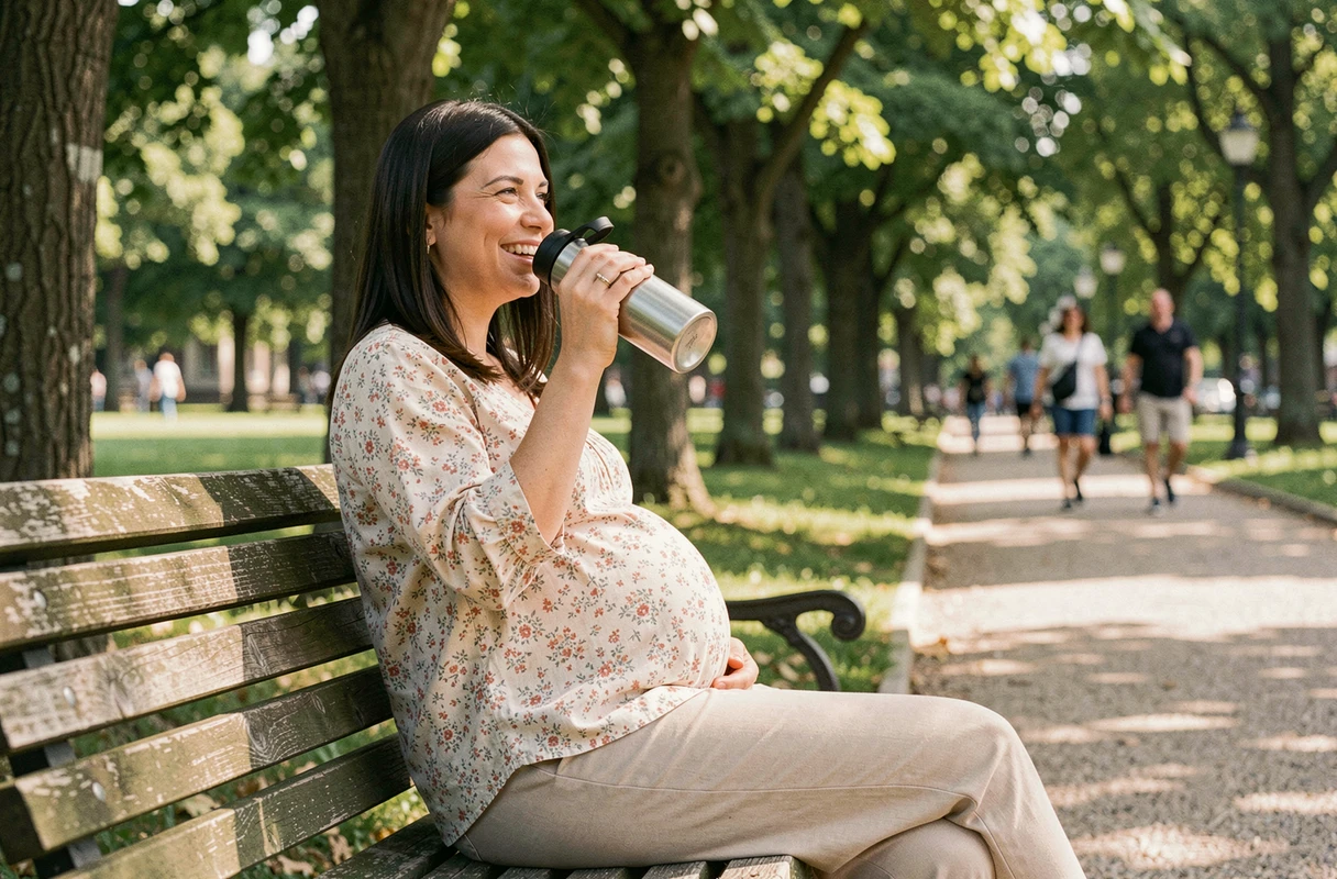 Femme enceinte buvant à une gourde en acier inoxydable assise sur un banc dans un parc verdoyant et paisible