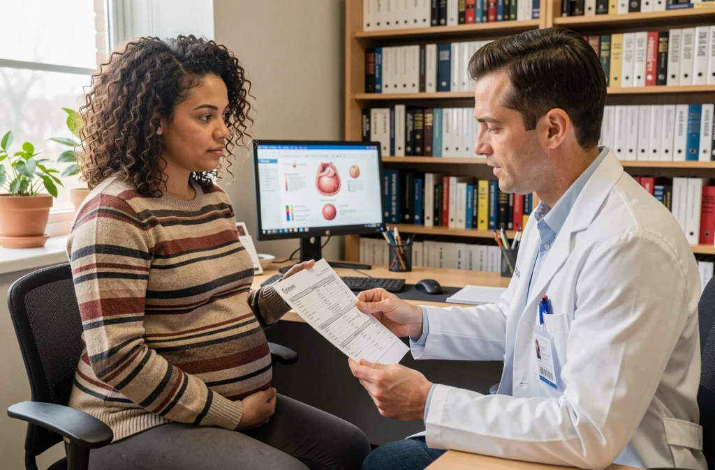 Femme enceinte consultant ses résultats prénataux avec un obstétricien dans un cabinet médical organisé