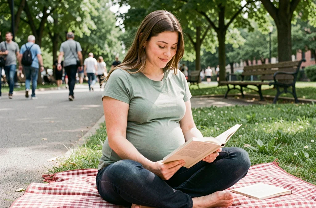 Femme enceinte assise dans un parc urbain ensoleillé, bras exposés au soleil, illustrant les bienfaits de la vitamine D pendant la grossesse