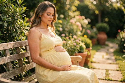 Femme enceinte assise dans un jardin ensoleillé, robe en lin jaune pâle, main posée sur le ventre, favorisant la production de vitamine D pendant la grossesse