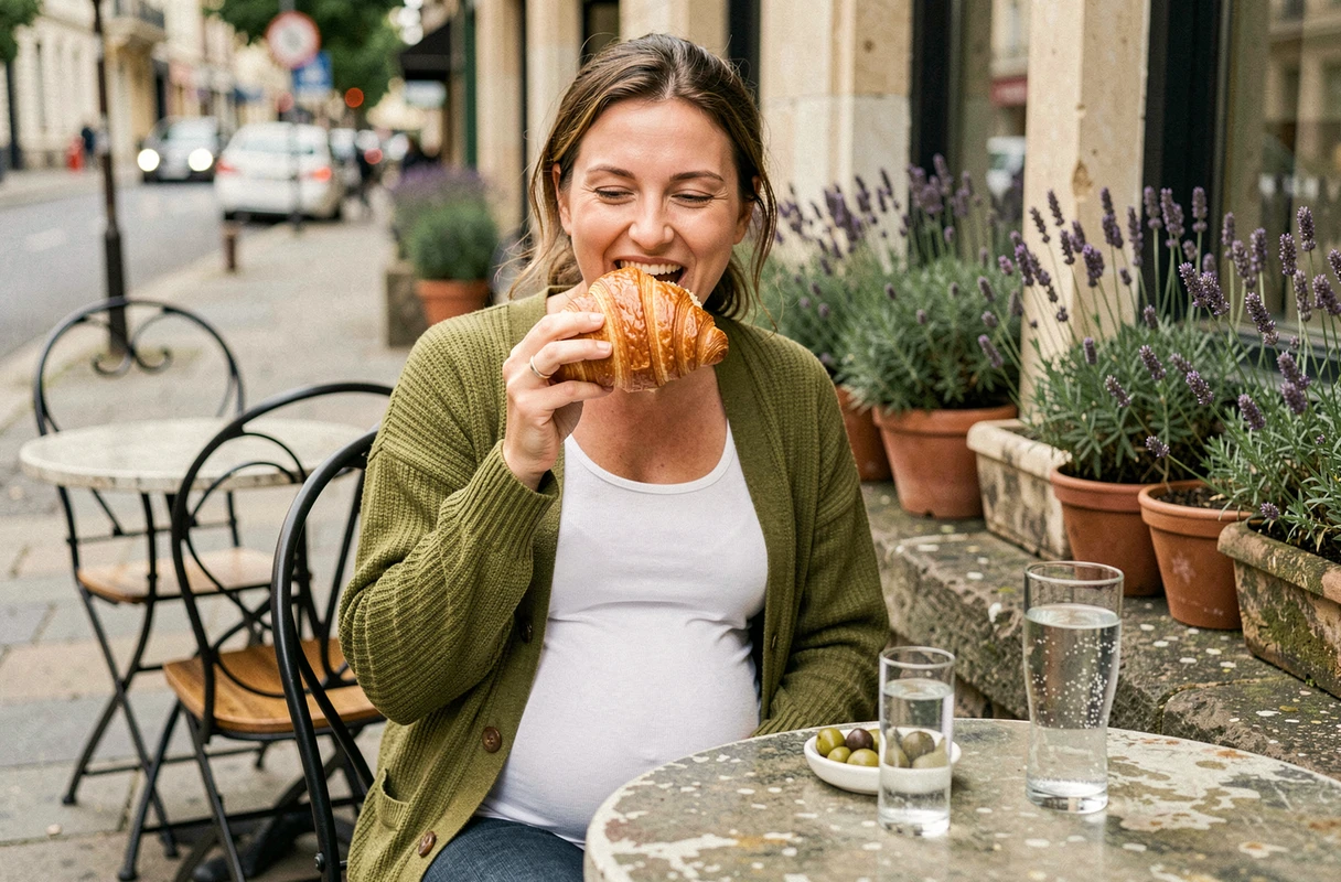 Femme enceinte en terrasse de café savourant un croissant et des olives, représentant les envies alimentaires variées et les changements de goût durant la grossesse
