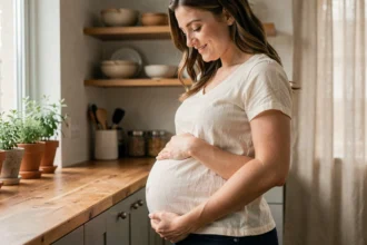 Femme enceinte de six mois tenant son ventre arrondi dans une cuisine chaleureuse, illustrant la prise de poids progressive pendant la grossesse