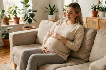 Femme enceinte au troisième trimestre portant des vêtements de maternité confortables assise sur un canapé en lin beige