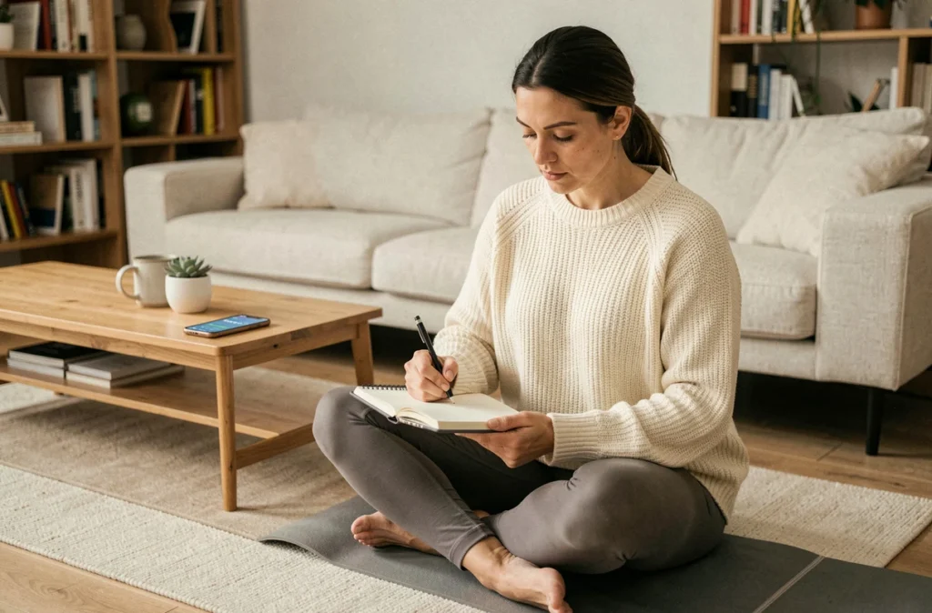 Femme écrivant dans un journal de bien-être pour suivre ses progrès et garder sa motivation minceur sur la durée