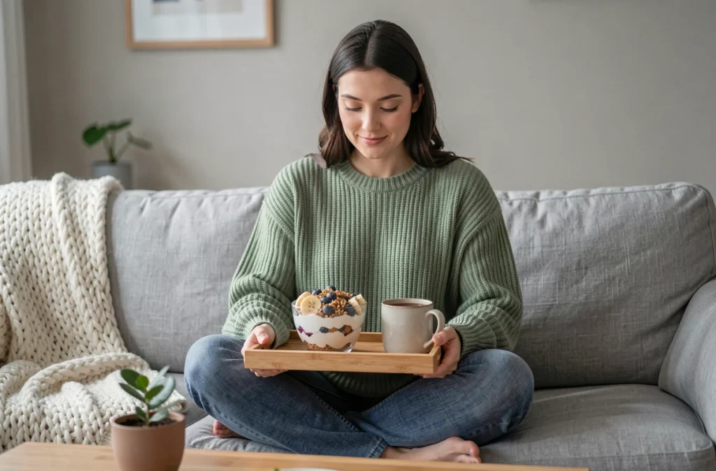 Jeune femme dégustant un parfait au yaourt Activia avec granola et fruits sur un canapé scandinave pour un mode de vie sain et un microbiote équilibré