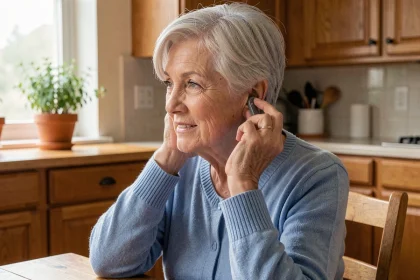 Femme senior insérant un appareil auditif rechargeable Audika dans son oreille dans une cuisine chaleureuse