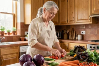 Femme de 68 ans préparant des légumes frais dans une cuisine familiale, illustrant une alimentation saine après 65 ans