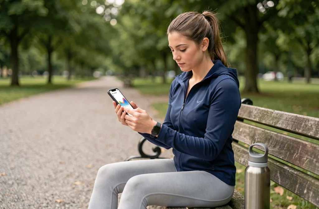 Jeune femme sportive consultant son application de suivi du diabète et de la glycémie sur smartphone dans un parc