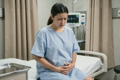 Femme aux urgences tenant son ventre en raison d'une douleur pelvienne évocatrice d'un kyste ovarien