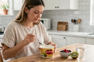 Femme mangeant un yaourt Activia avec des fruits frais dans une cuisine moderne pour un petit-déjeuner équilibré bénéfique au microbiote