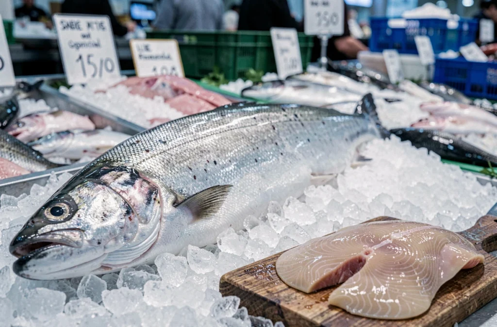 Foie de morue frais sur un étal de poissonnerie avec un cabillaud entier sur glace, illustrant le produit brut et naturel