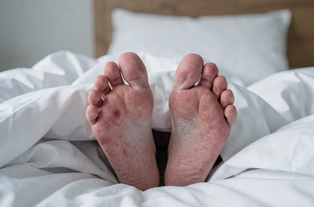 Gros plan des pieds nus sur des draps blancs avec légère rougeur évoquant une brûlure plantaire nocturne
