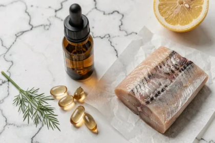 Huile de foie de morue en bouteille, gélules dorées et foie de morue frais sur marbre blanc pour illustrer les différentes formes de consommation