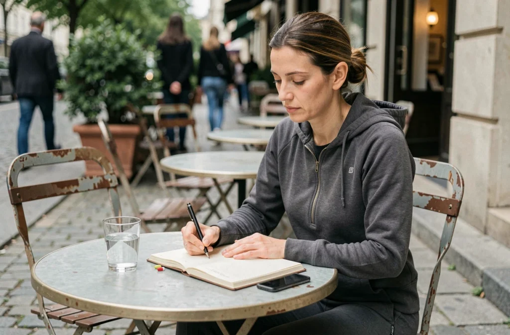Femme prenant des notes sur son journal bien-être en terrasse avec un complément alimentaire coupe-faim naturel