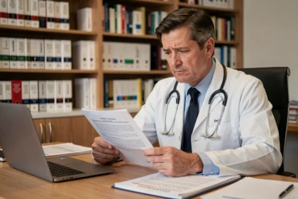 Médecin lisant attentivement les documents relatifs à la loi Rist dans son cabinet médical