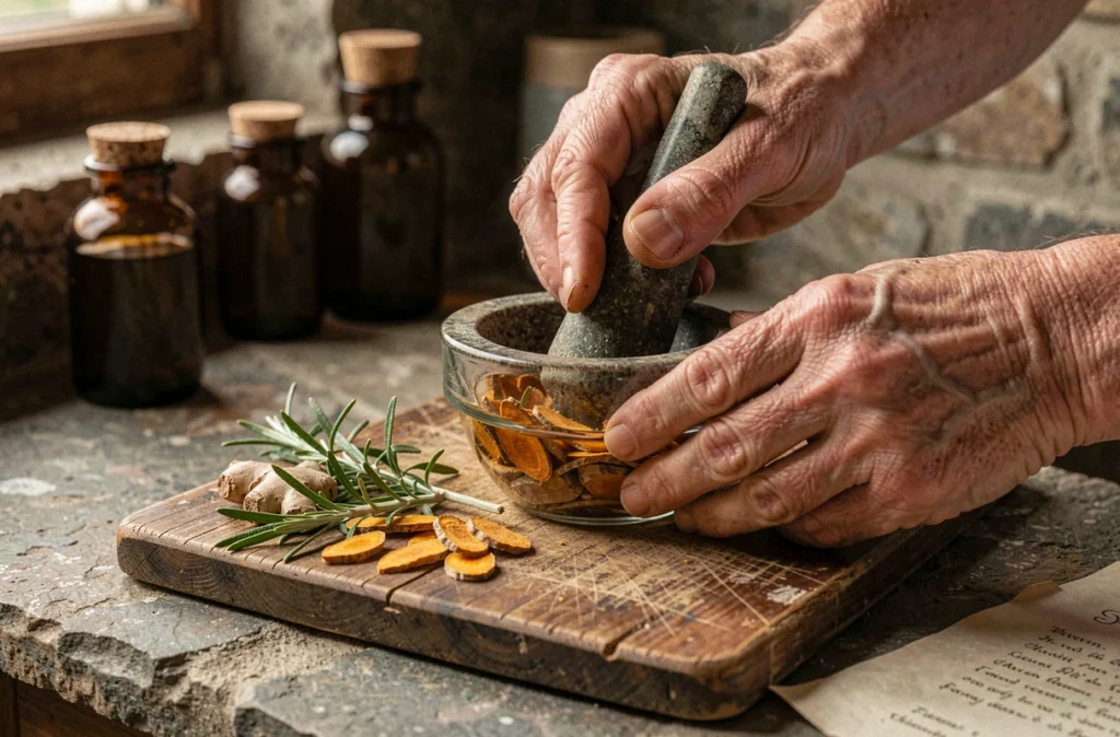 Mains de femme âgée préparant un remède naturel à base de plantes anti-inflammatoires pour soulager la sciatique