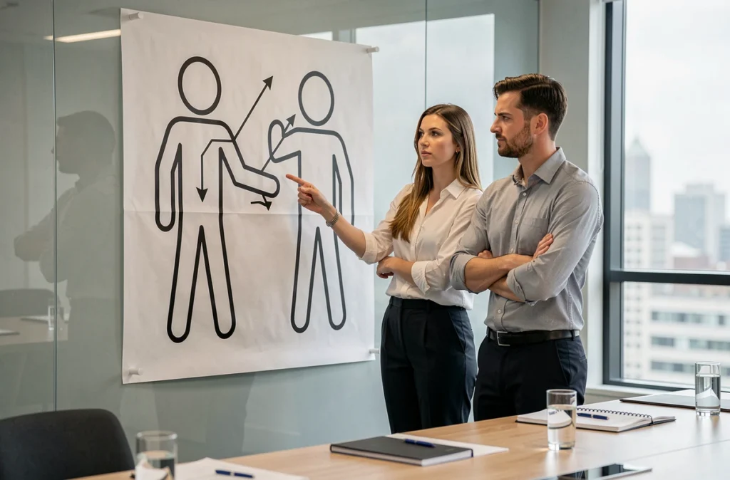 Deux professionnels analysant un poster avec des bonhommes allumettes dans une salle de réunion, illustrant l'effet inverse des schémas simplistes