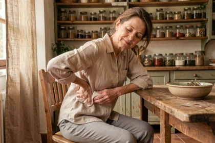 Femme âgée appliquant une compresse aux herbes sur le bas du dos comme remède de grand-mère contre la sciatique dans une cuisine rustique