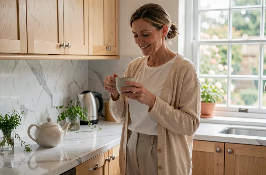 Femme en phase de rétablissement après une ablation de trompe préparant une tisane dans sa cuisine, retour progressif à la vie quotidienne