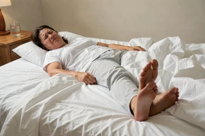 Femme allongée dans son lit ressentant une sensation de brûlure sous les pieds la nuit