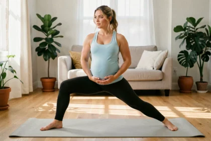 Femme enceinte pratiquant le yoga prénatal sur un tapis de sport dans un salon lumineux pour améliorer son sommeil