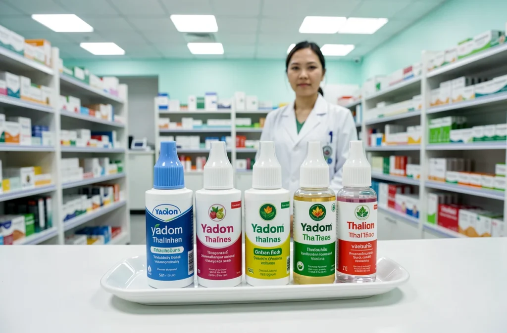 Collection d'inhalateurs yadom thaïlandais authentiques présentés sur un plateau dans une pharmacie moderne en Thaïlande