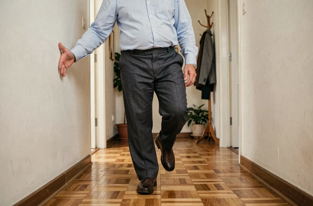 Homme âgé marchant difficilement dans un couloir domestique en raison d'un genou gonflé dû à un épanchement articulaire