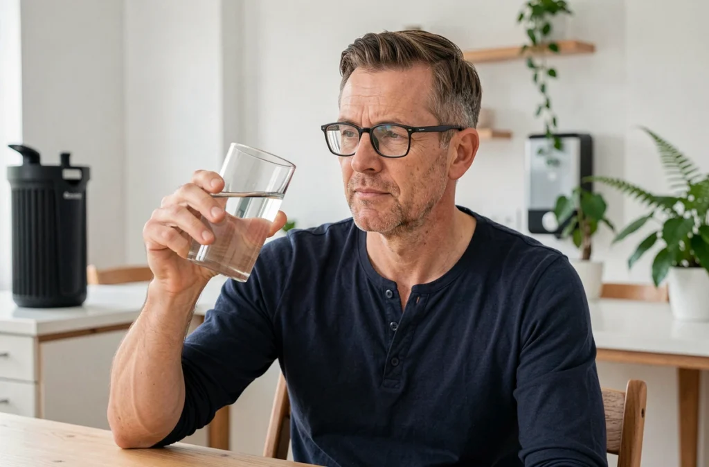 Homme examinant un verre d'eau filtrée par un filtre Berkey avec une expression réfléchie dans un intérieur scandinave