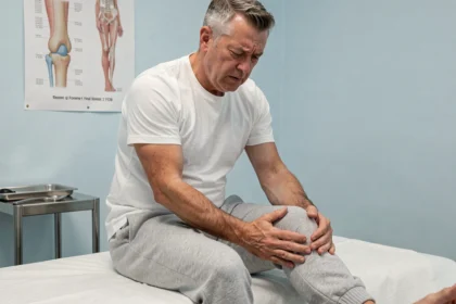 Patient d'âge mûr examinant son genou gonflé dans un cabinet d'orthopédie lors d'une consultation pour épanchement intra-articulaire
